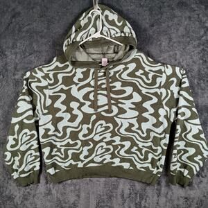 Savage x Fenty Cropped Hoodie Women XS‎ Green Abstract Print Pullover Sweater